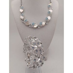 VTG Silver & Blue Rhinestone Coro Bracelet w/ MOP & Floral Enamel Necklace -READ